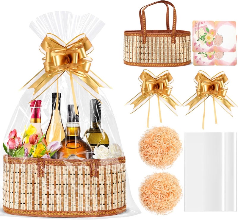 Orchidleaf 2 Set Empty Gift Baskets, Woven Bamboo Baskets for Gifts Empty, Christmas Basket Empty Large to Fill in Gifts with Wrap Bags, Raffia, Pull Bows for Mother's Day, Baby Baptisms, Housewarming - Image 1